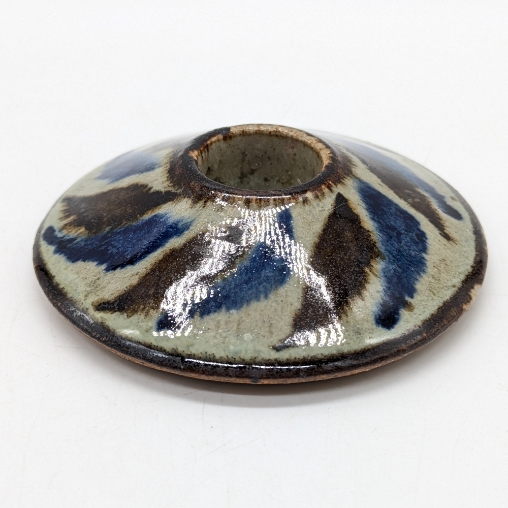 Handmade Ceramic Earthenware Brown Blue Small Candlestick Candle Holder